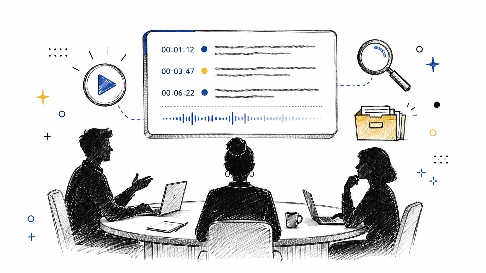A sketched illustration of three professionals in a meeting reviewing audio transcription and documentation on a screen.