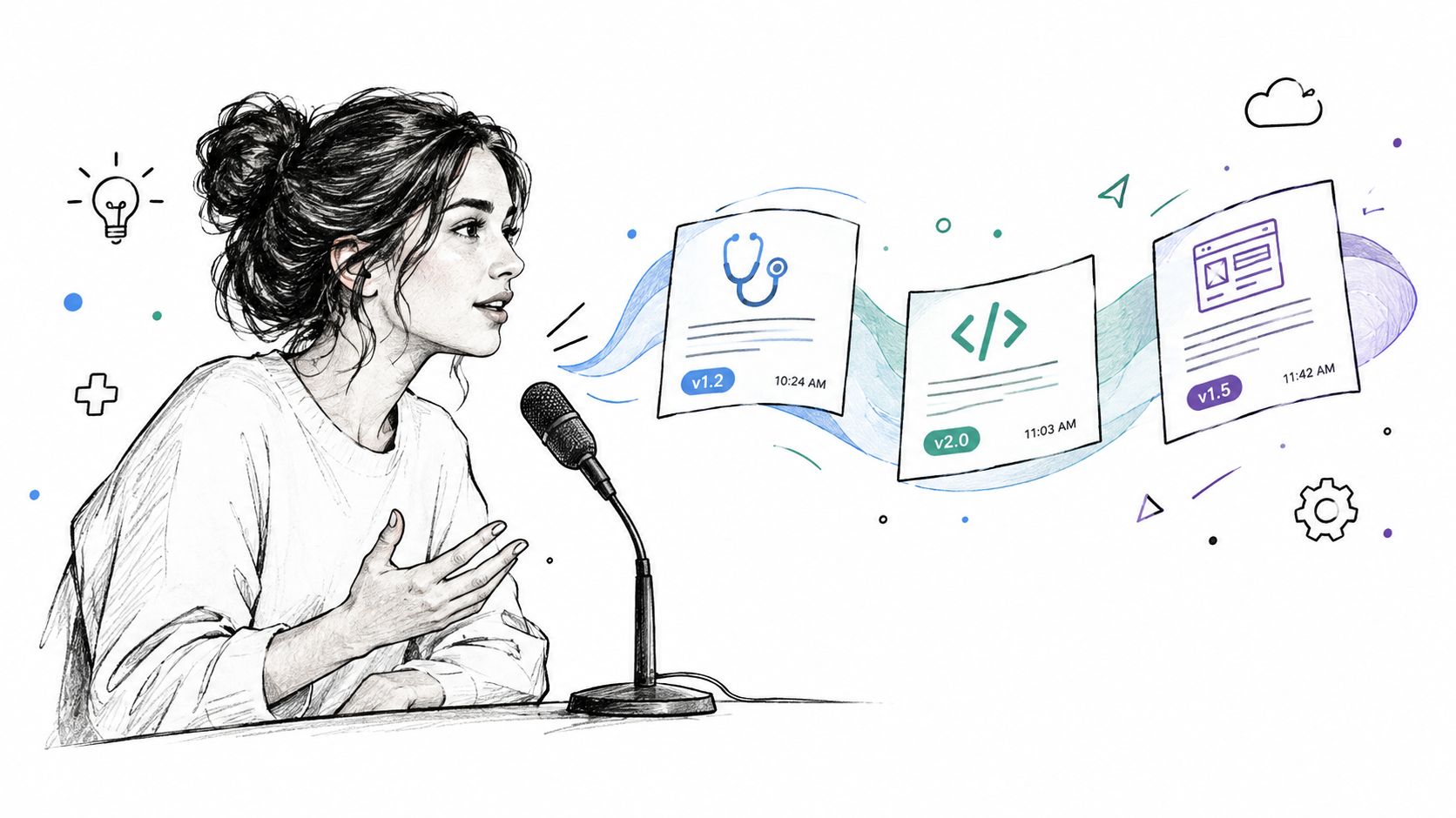 A woman speaking into a microphone with floating documents representing healthcare, coding, and web design updates.