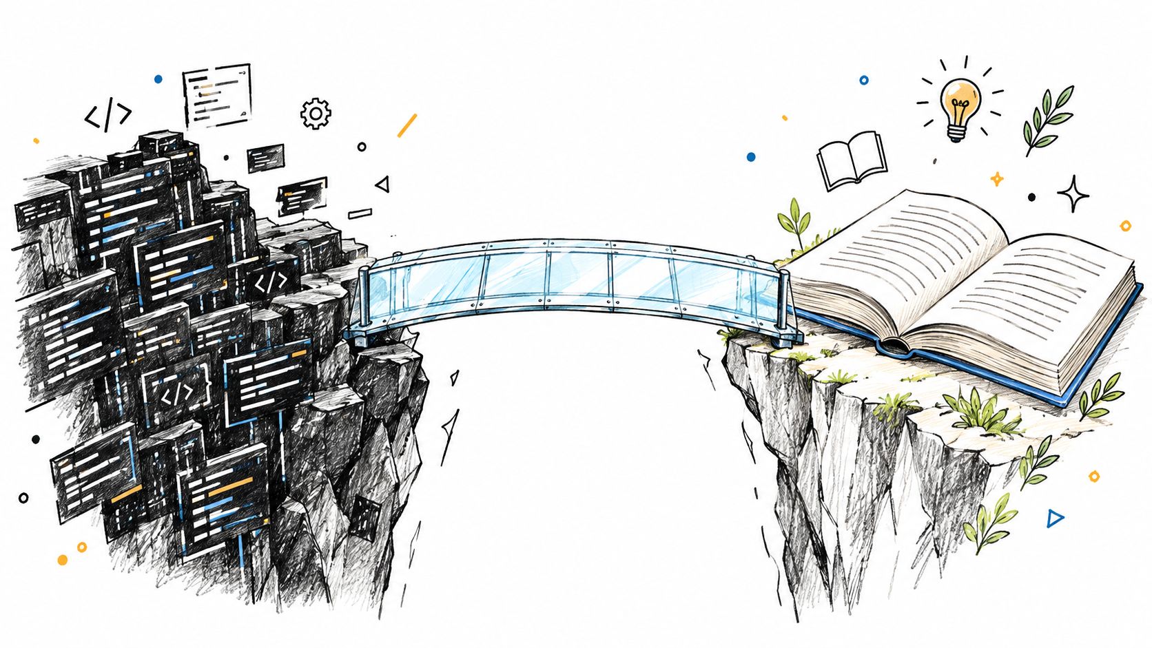 A bridge connects a rocky cliff of software code blocks to a serene book on knowledge.
