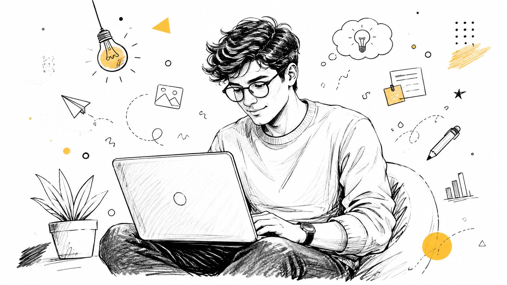 A hand-drawn sketch of a person using a laptop, representing the task suitability of different AI models.