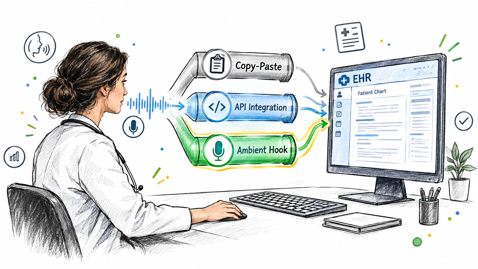 A doctor uses medical dictation technology to streamline patient documentation entry into an electronic health record system.