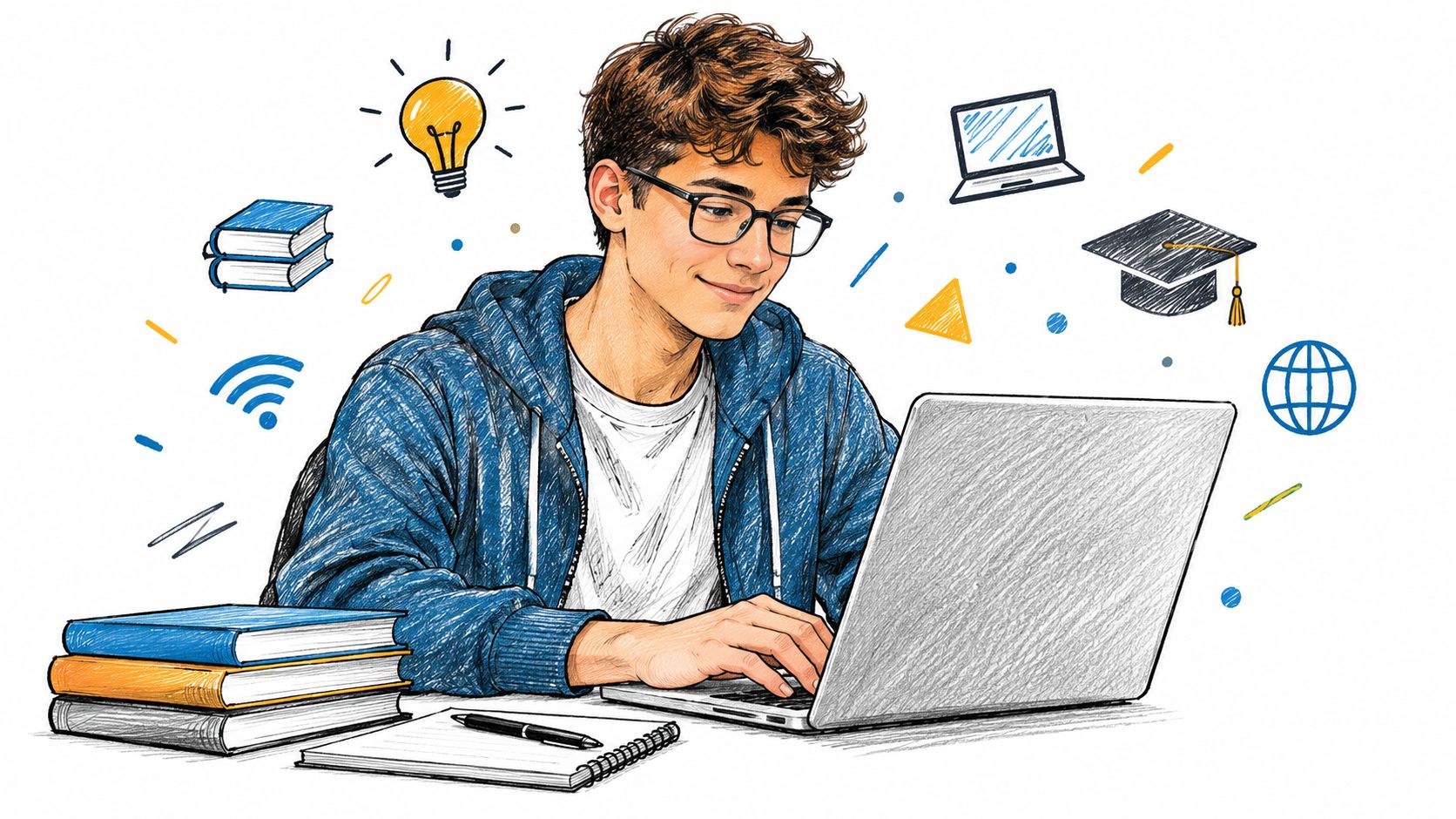 An illustration of a student happily using a laptop for his studies, showcasing AI in education.