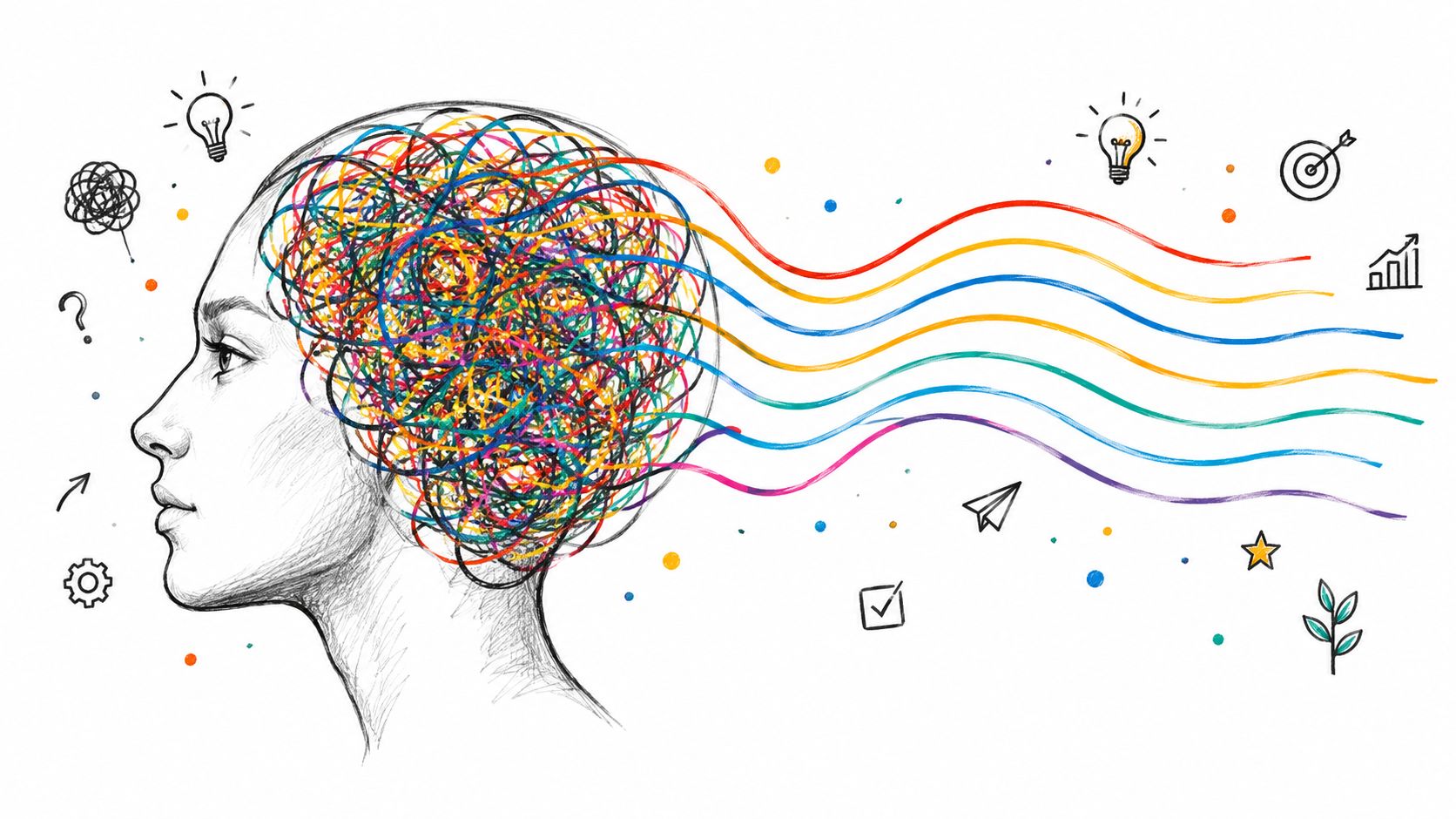 Conceptual sketch of a tangled mind becoming organized, representing AI's ability to process complex information.