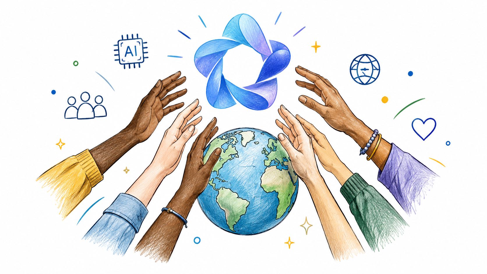 A sketch illustrating global access to AI, with hands from around the world reaching towards a central point.