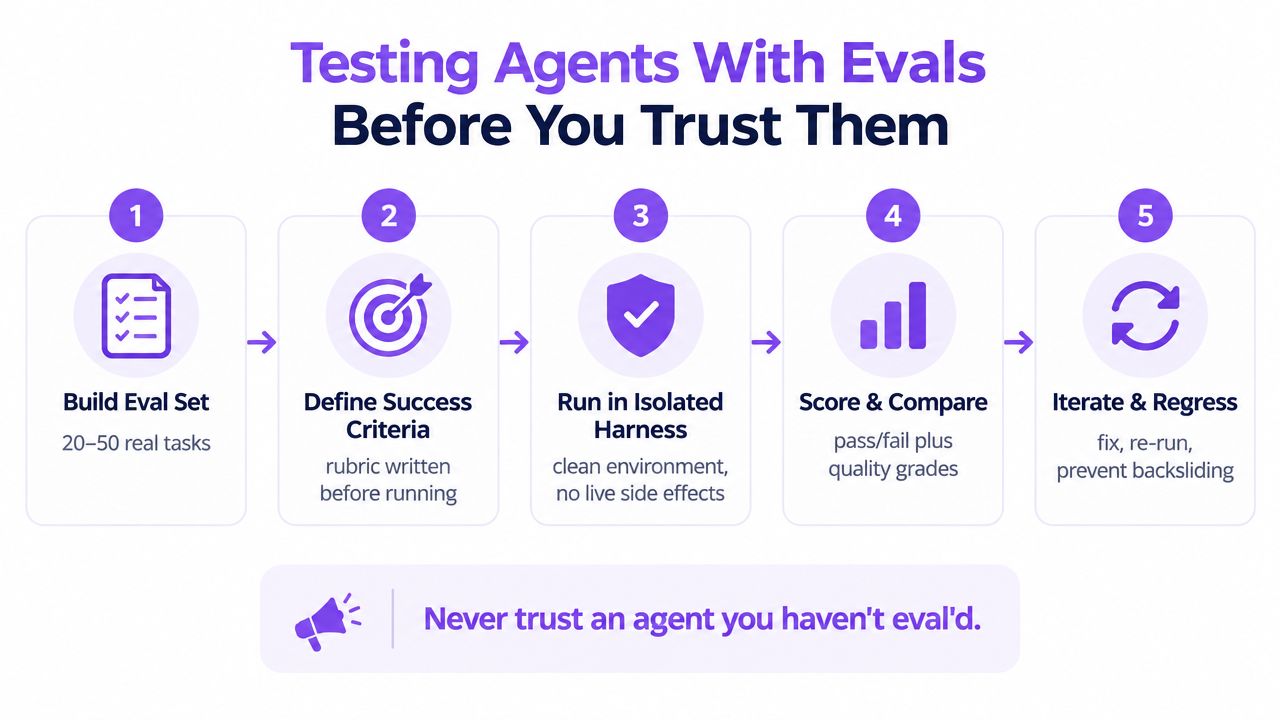 A five-step infographic guide on how to test AI agents using evaluation methods for better reliability.