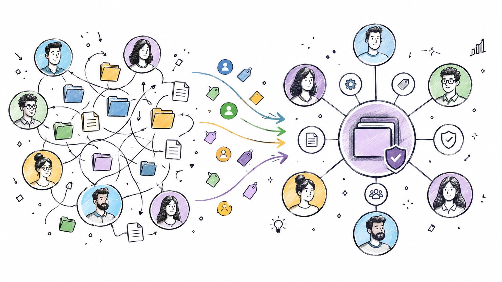An illustration showing complex document organization transforming into a streamlined, secure, and centralized management system.