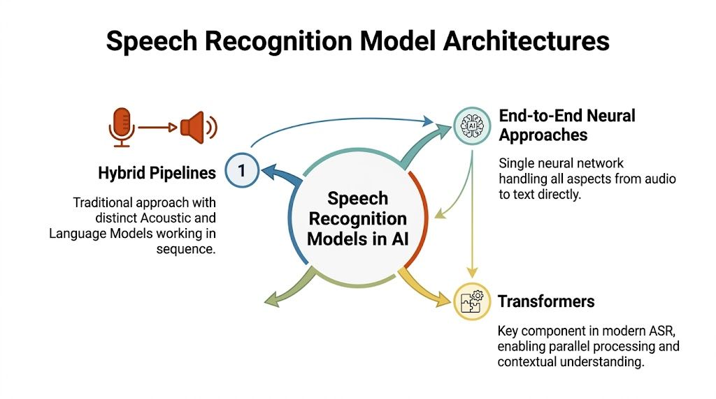 A diagram illustrating different speech recognition model architectures including hybrid pipelines, end-to-end approaches, and transformer models.
