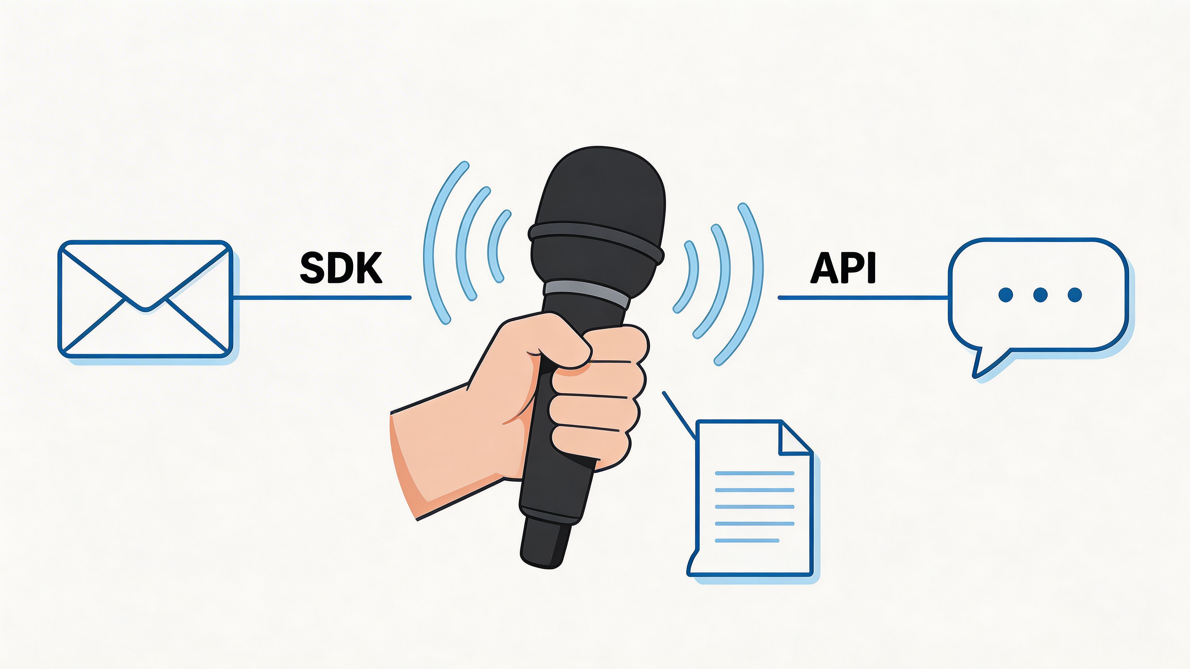 A hand holding a microphone with email and chat bubble icons representing speech recognition technology.