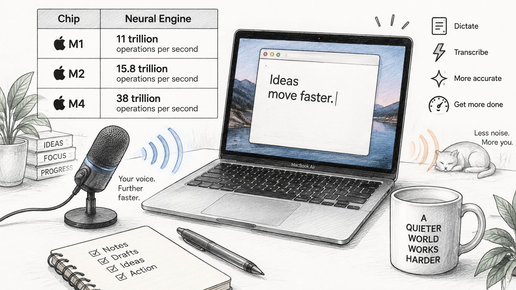 A creative illustration featuring a MacBook Air, microphone, and notes, highlighting the speed of voice recognition technology.