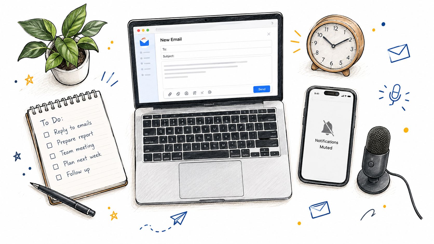 A hand-drawn illustration of a desk workspace with a laptop showing a new email, phone, and notebook.