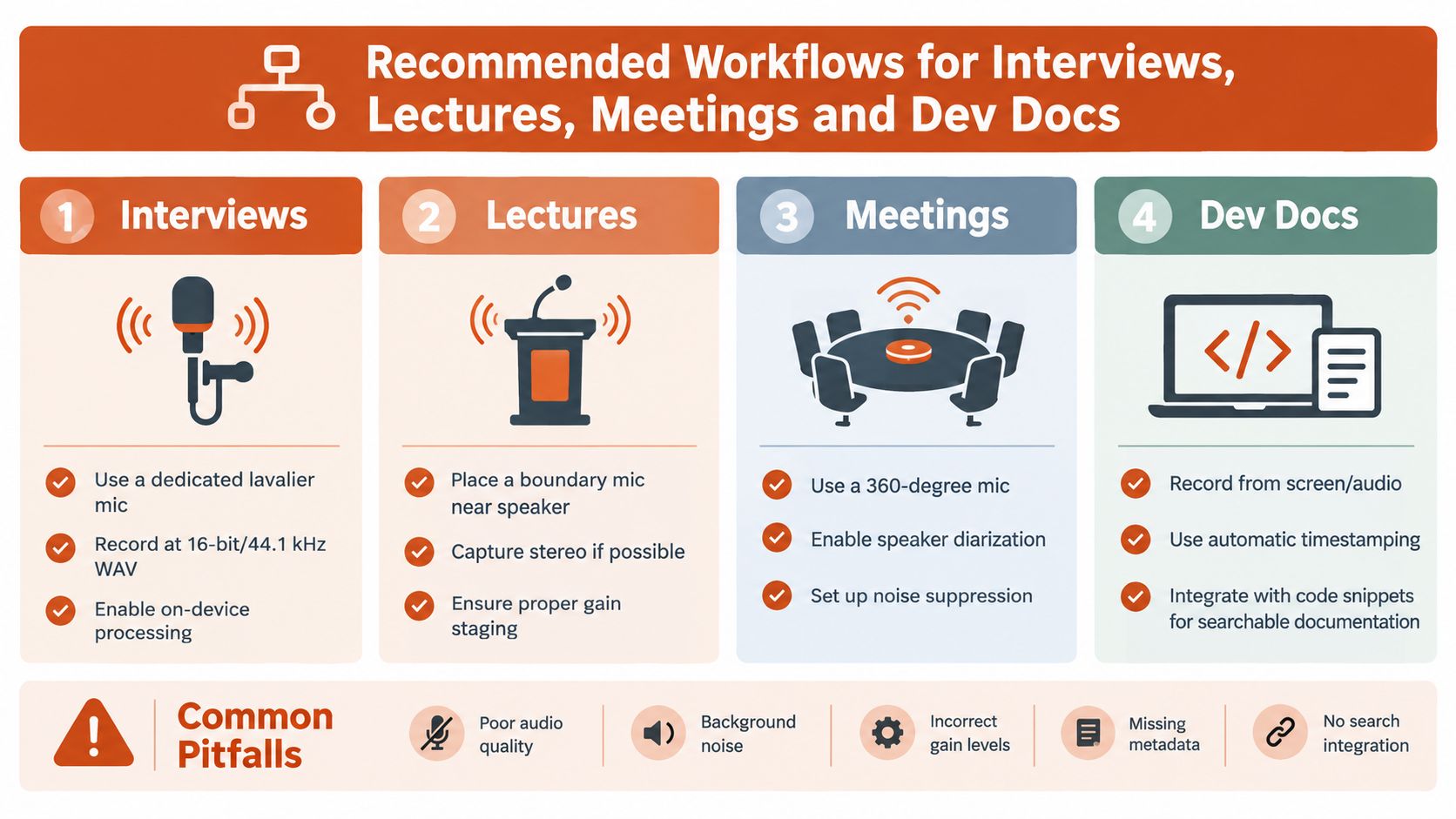 An infographic displaying recommended audio and video recording workflows for interviews, lectures, meetings, and developer documentation.