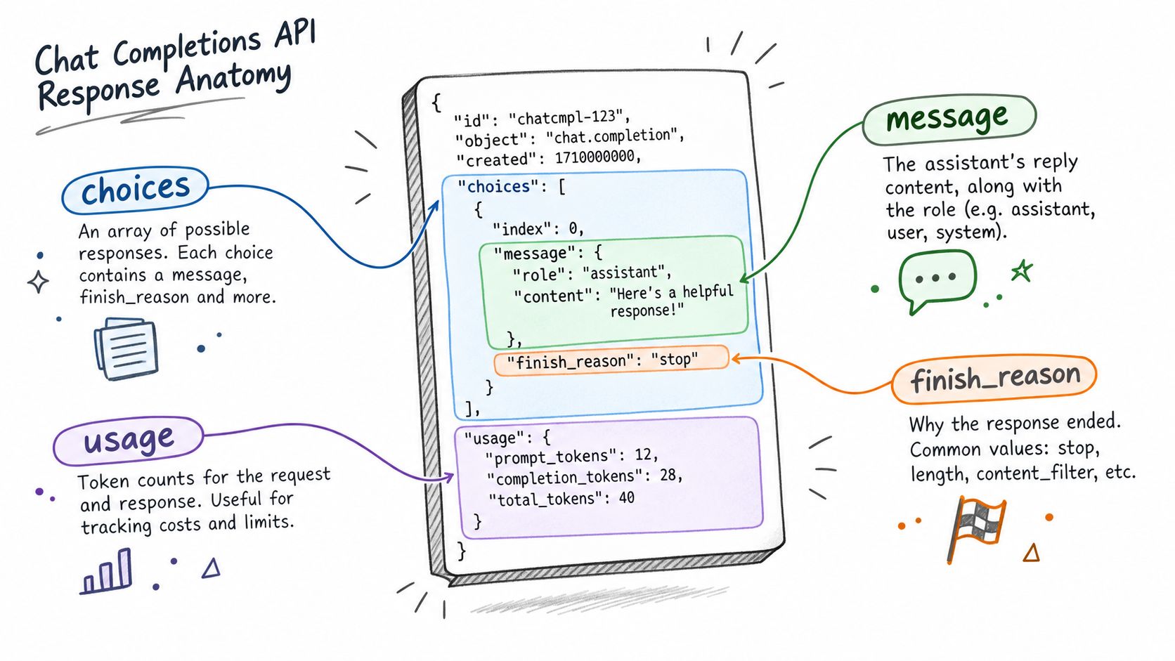 A hand-drawn diagram illustrating the structure of a JSON response from a Chat Completions API.