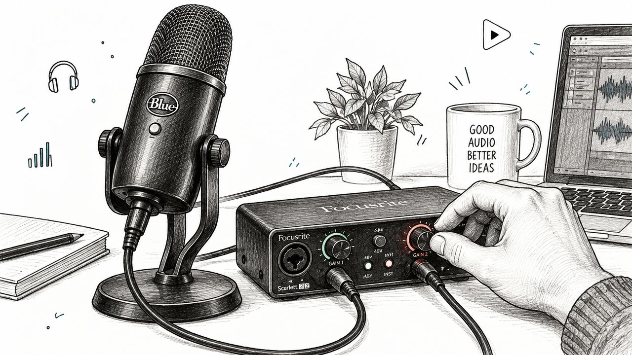 A pencil sketch of a professional podcasting setup with a microphone, audio interface, and laptop on desk.