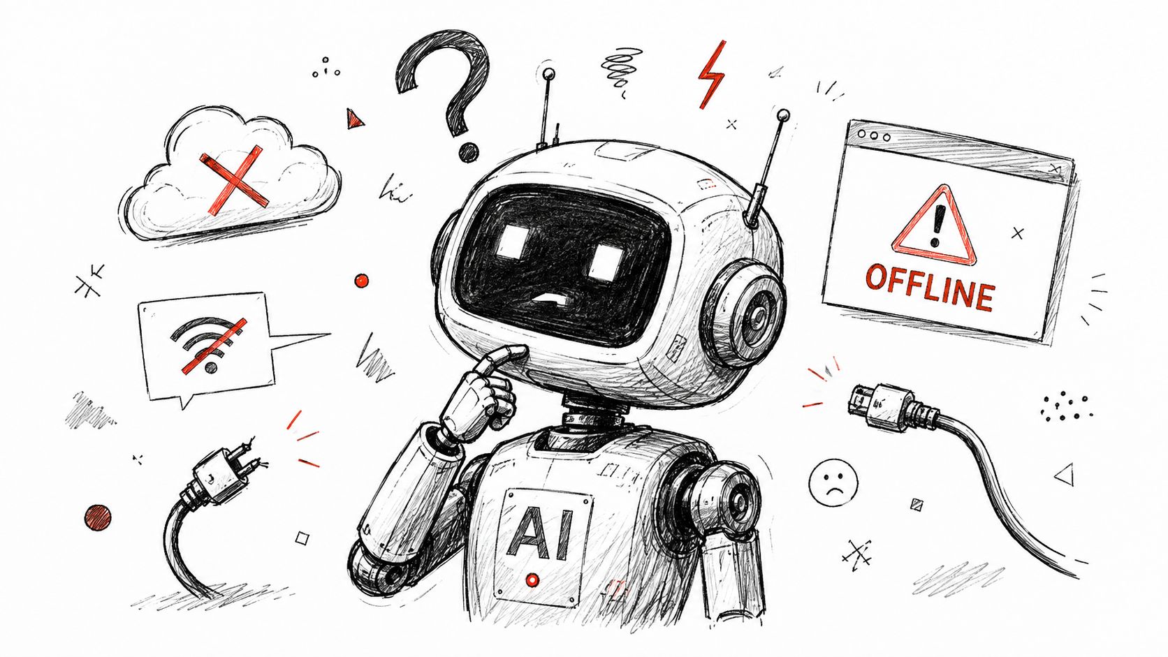 An editorial sketch of a robot with error symbols, illustrating the concept of the Gemini AI service being down.