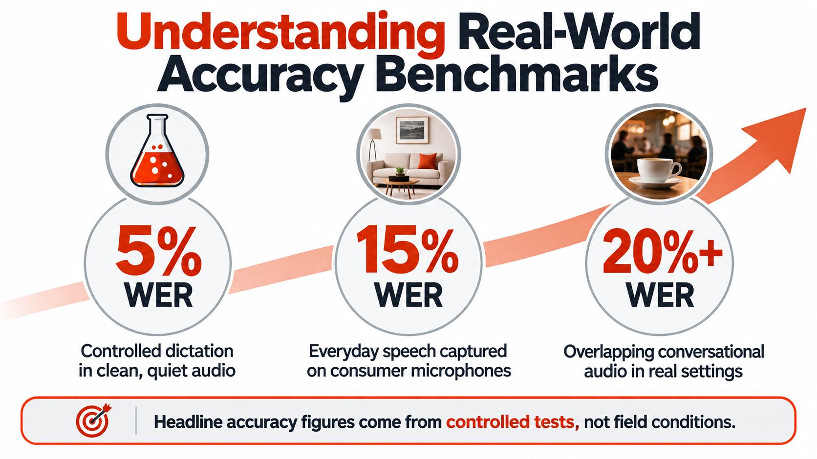 An infographic showing how transcription error rates increase from controlled lab settings to real-world noisy environments.