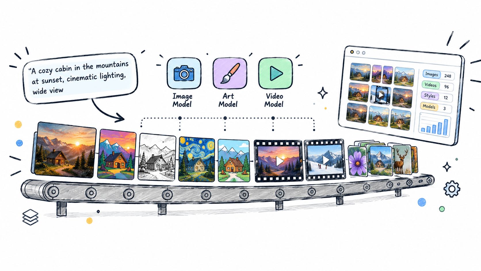 A digital illustration showing an AI workflow with text prompting, model processing, and resulting media generation.