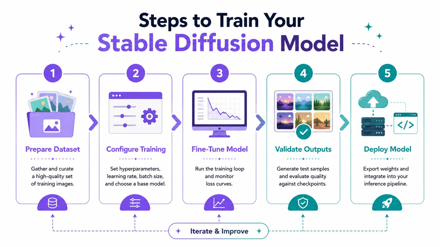 An infographic illustrating the iterative process of fine-tuning a Stable Diffusion model, showing steps like generating samples, evaluation, and adjusting hyperparameters.