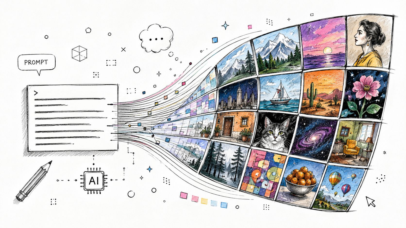 An illustration of text prompts transforming into a colorful grid of images, symbolizing AI image generation.