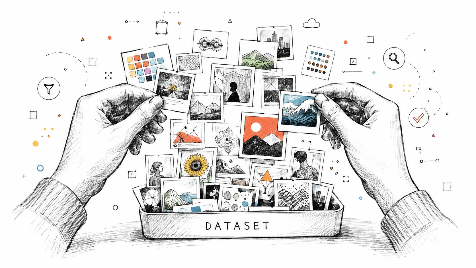 An illustration of hands carefully selecting and organizing various images to create a dataset for training an AI model.