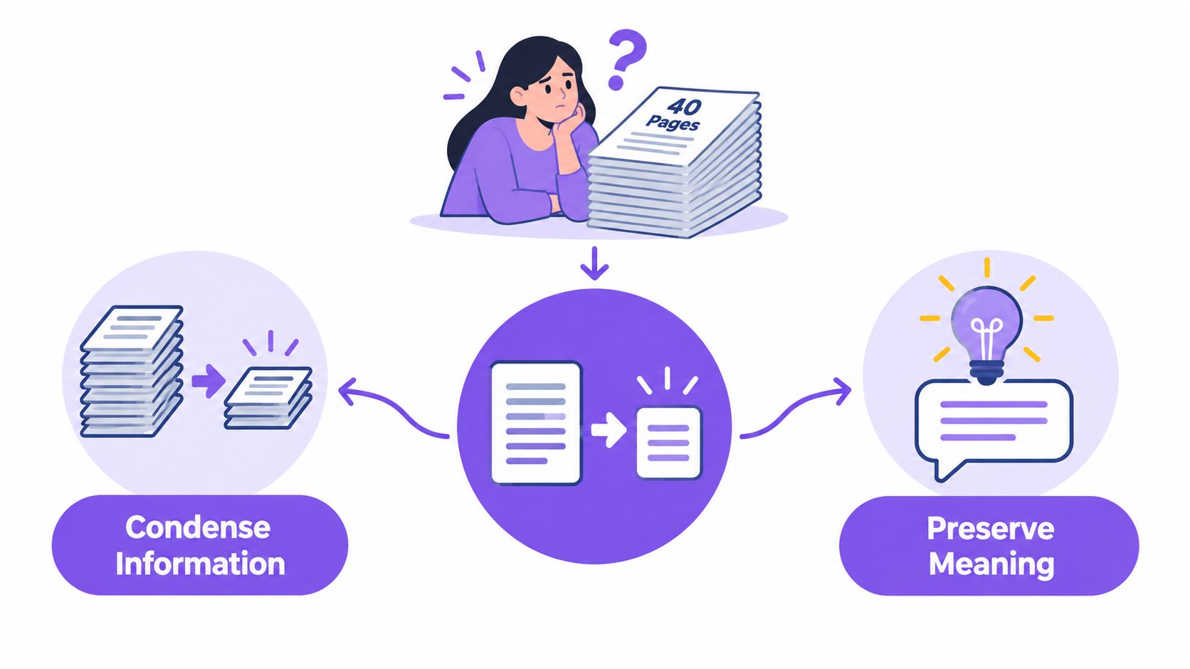 An illustration showing a person summarizing a large forty-page document into a concise and meaningful version.