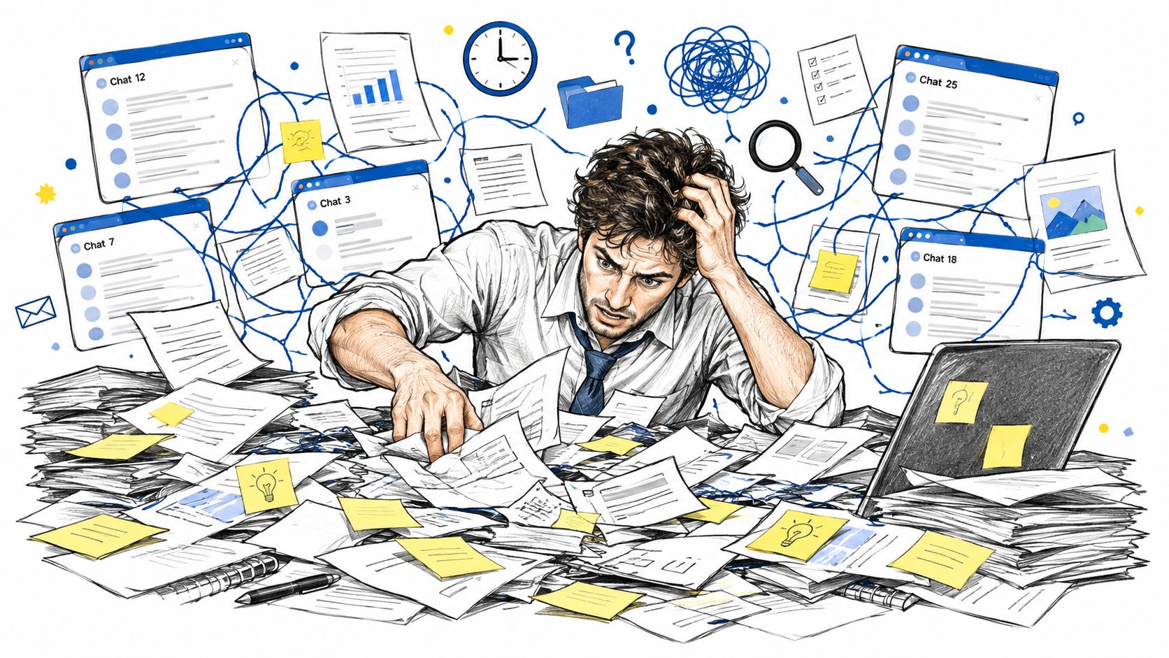 A stressed man overwhelmed with paperwork and digital chat windows, symbolizing a disorganized office and information overload.