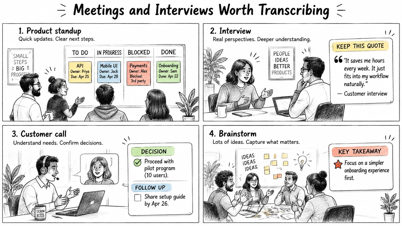 An infographic illustrating four business scenarios for meeting transcriptions: product standups, interviews, customer calls, and brainstorming sessions.
