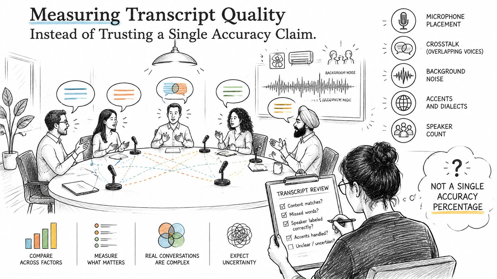 A hand-drawn illustration showing a diverse group in a meeting being recorded, emphasizing complex factors affecting transcription quality.