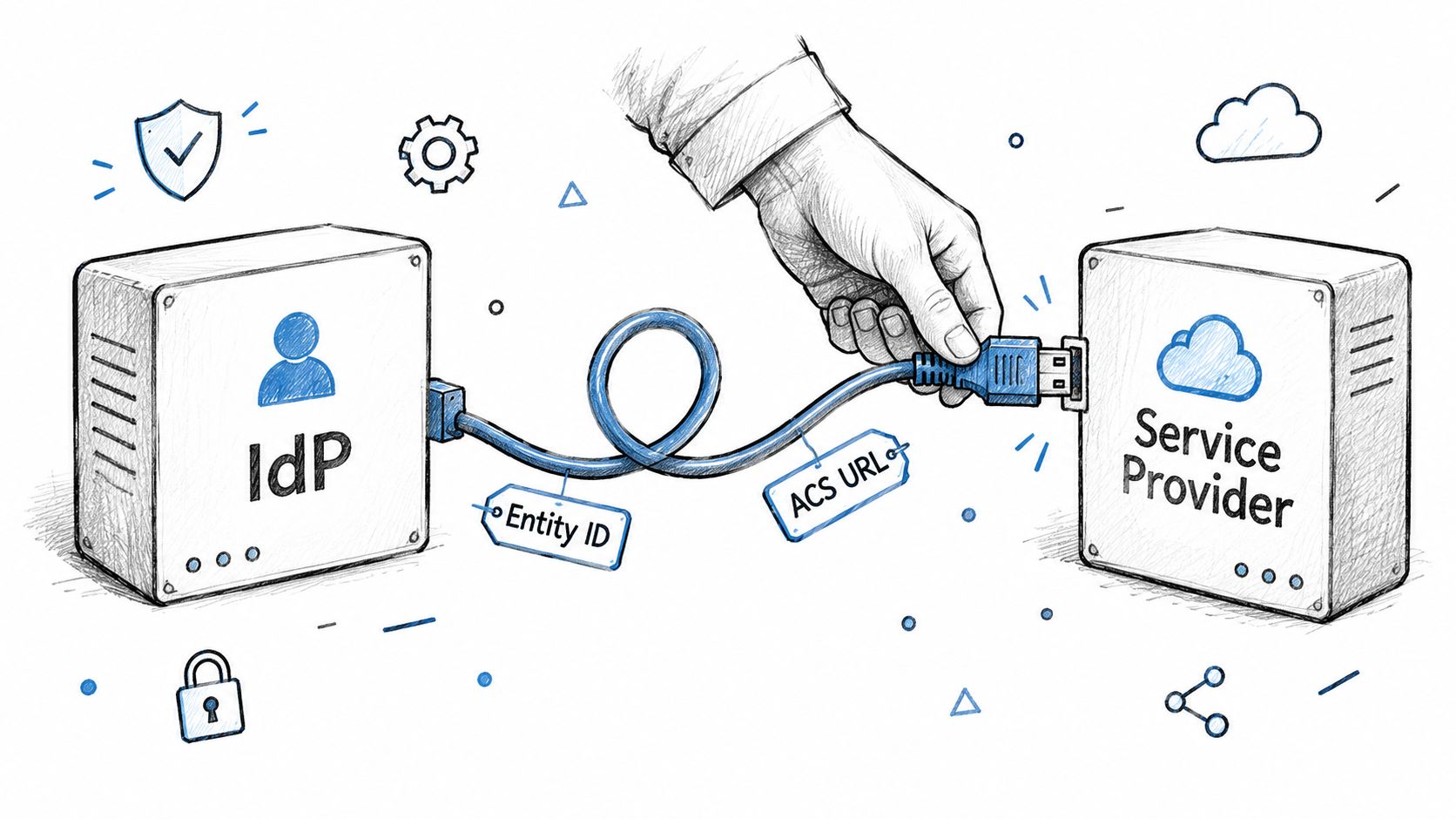 A hand connects a cable between an Identity Provider (IdP) server and a Service Provider server.