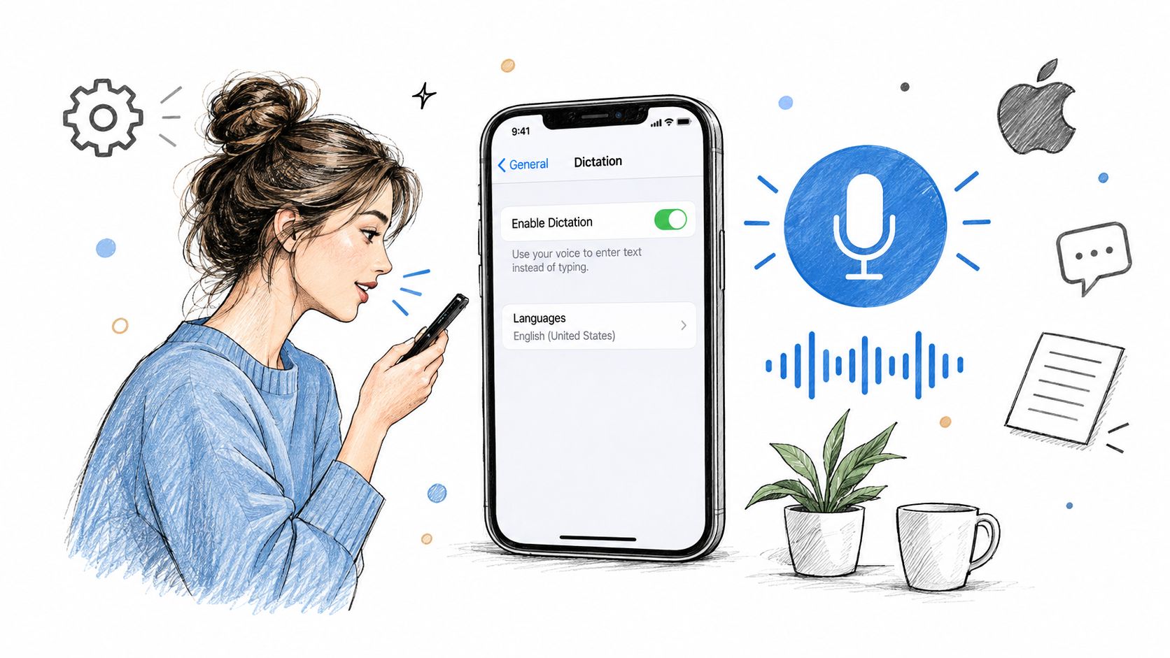 A sketched woman speaking into her smartphone to use the voice dictation feature for typing text.