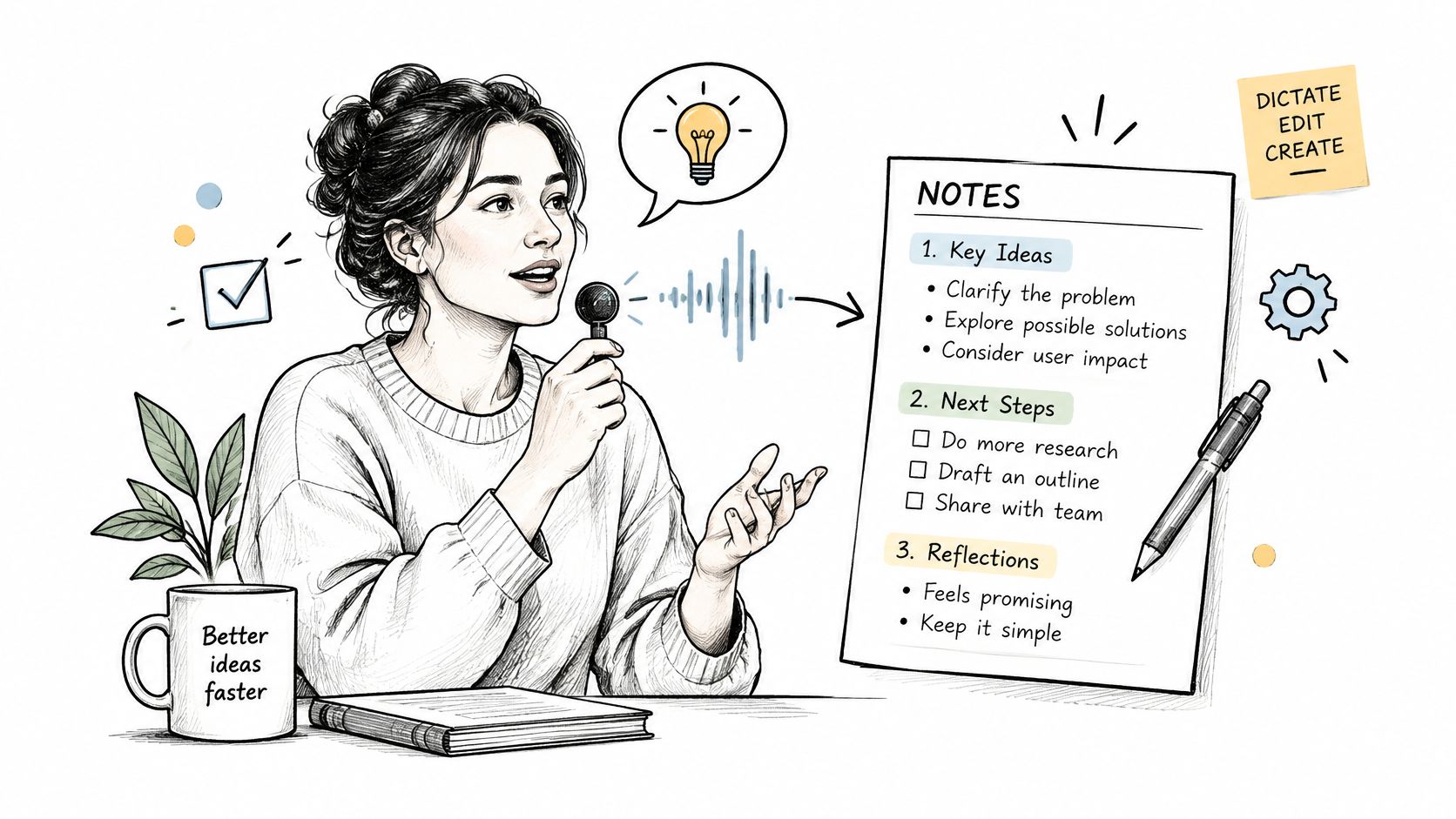 A woman speaking into a microphone while notes about brainstorming and productivity are displayed on a document.