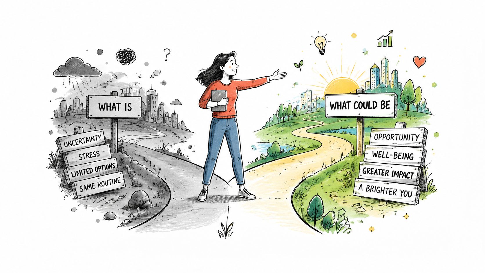 A woman stands between a dark path representing current struggles and a bright path showing future possibilities.