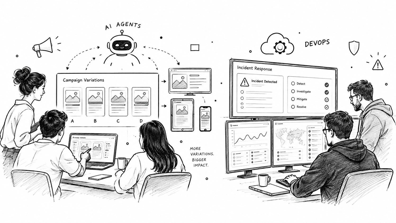 A professional team collaborating on digital marketing campaigns and DevOps monitoring tasks with AI agent assistance.