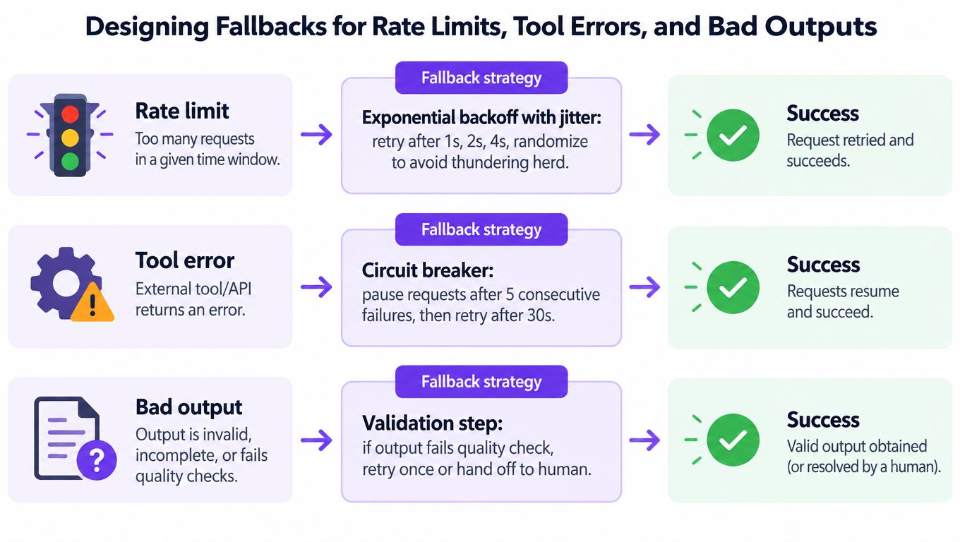 A diagram illustrating fallback strategies for rate limits, tool errors, and bad outputs in software systems.