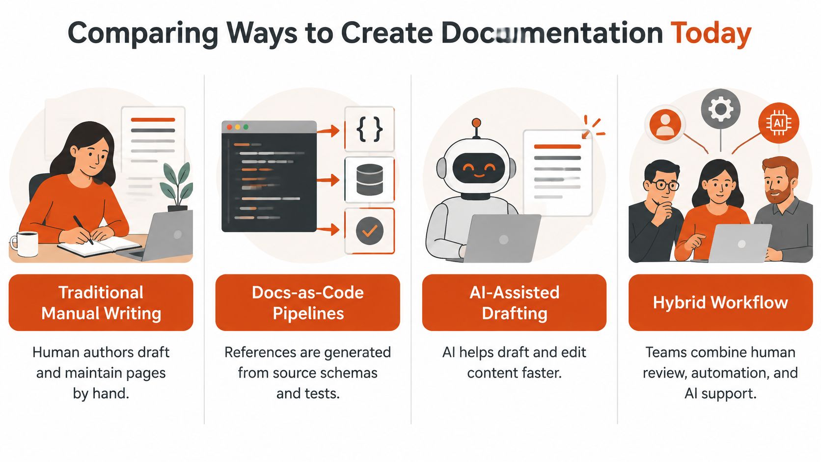 An infographic comparing four modern methods of creating technical documentation: manual, automated, AI-assisted, and hybrid workflows.