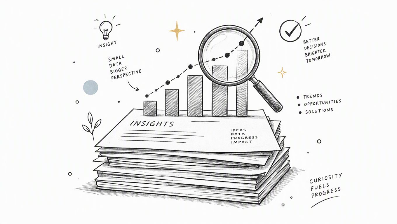 A hand-drawn illustration depicting a stack of documents with a bar chart and magnifying glass showing insights.
