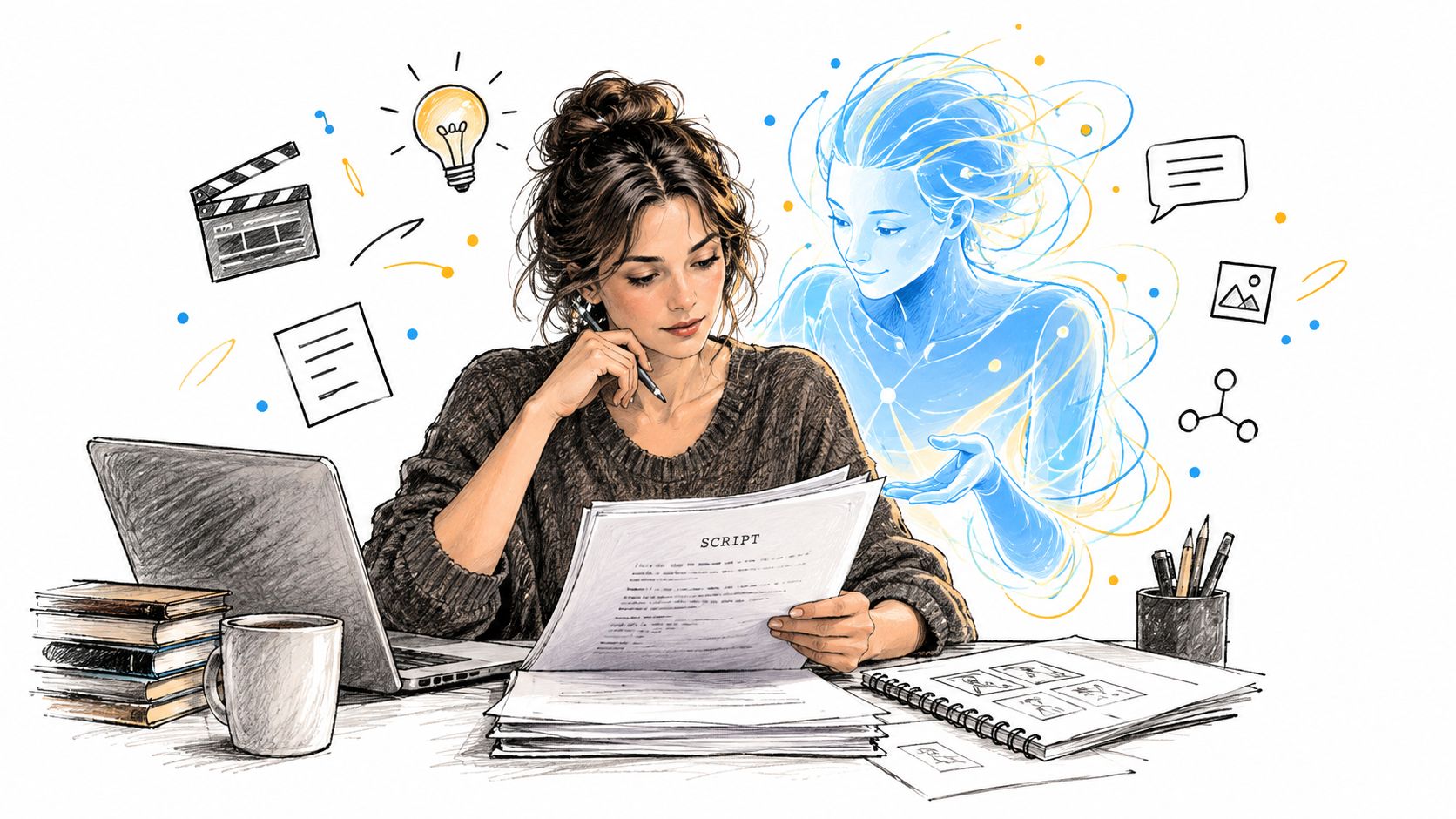 A woman writing a script at her desk with an AI assistant visualization appearing beside her.