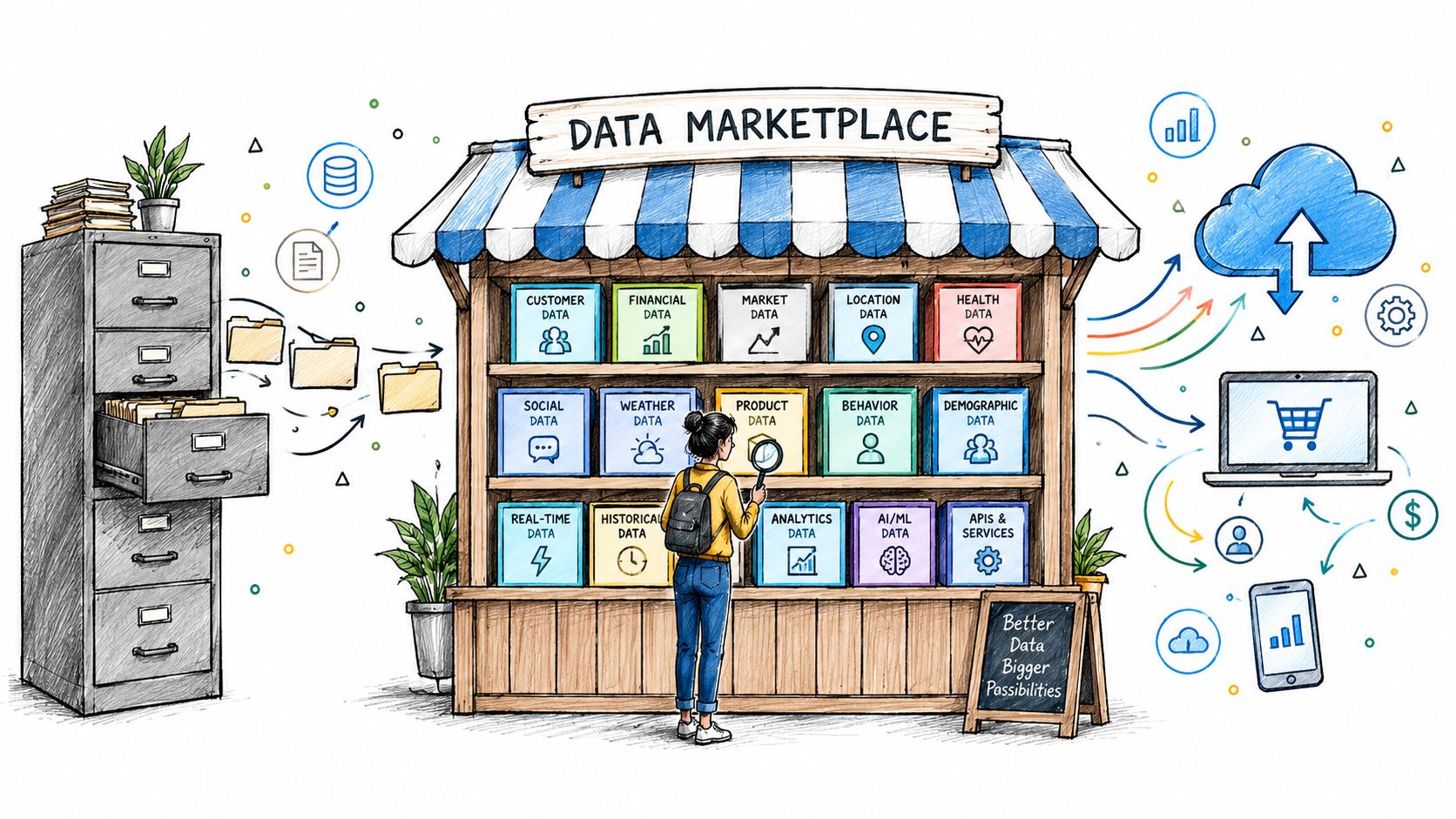 A conceptual illustration of a data marketplace with a person browsing various digital data categories on shelves.