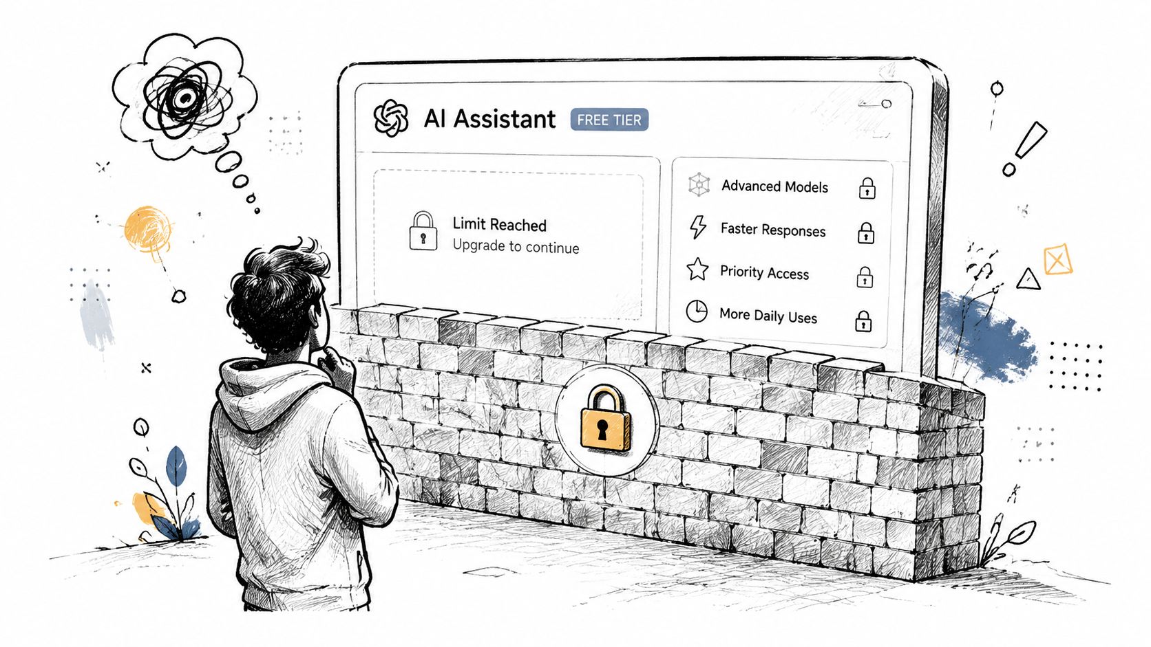 An illustration symbolizing a user's frustration with the limitations and barriers of a free AI service.