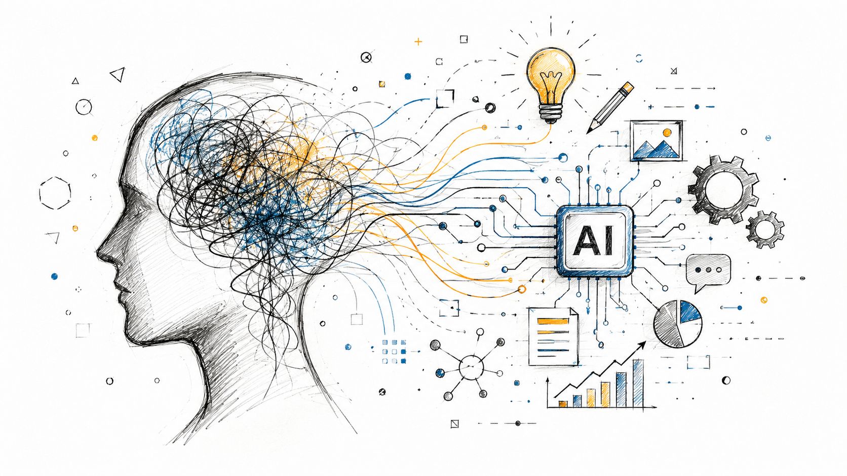 An editorial sketch showing tangled thoughts inside a head being organized into clear, creative ideas, symbolizing maximizing AI potential.