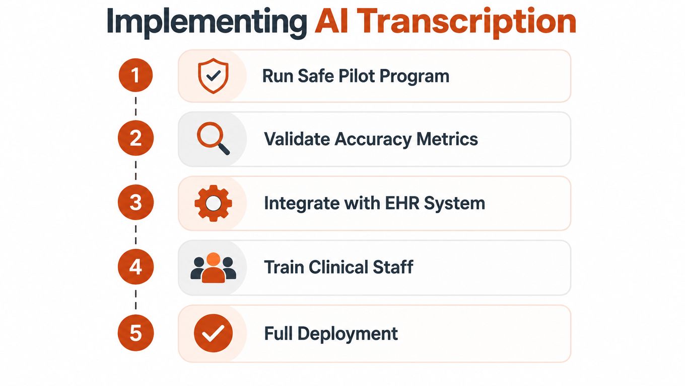 A five-step guide on implementing AI transcription for healthcare, showing a structured workflow process from pilot to deployment.