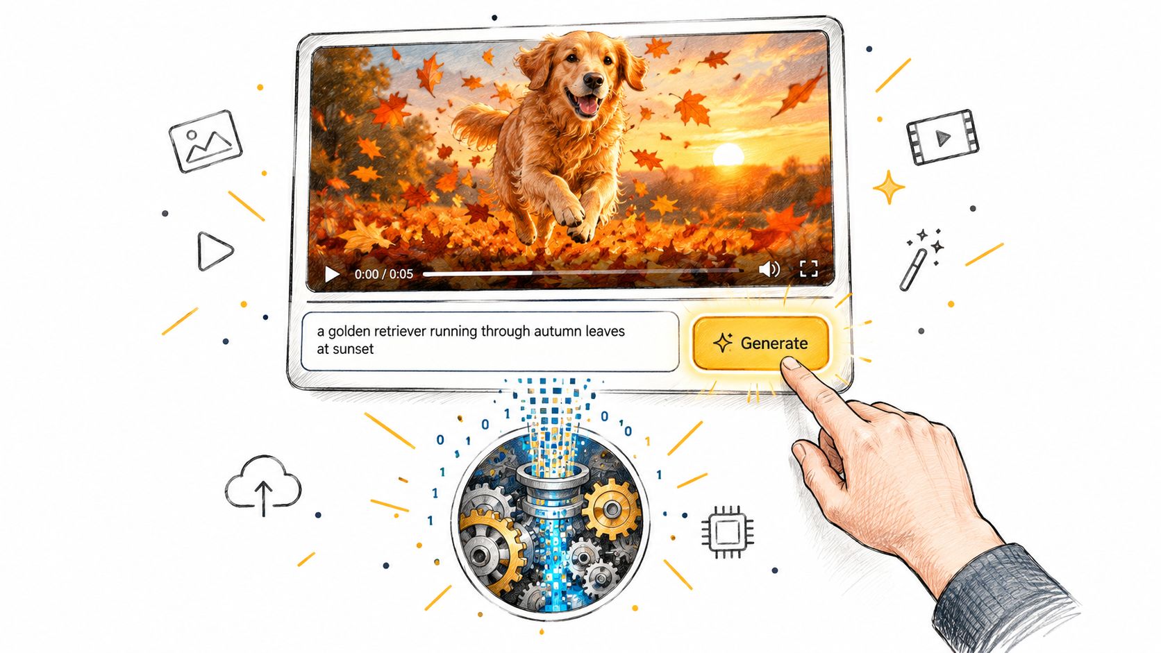 A hand pressing a generate button on an AI video interface with a golden retriever animation.