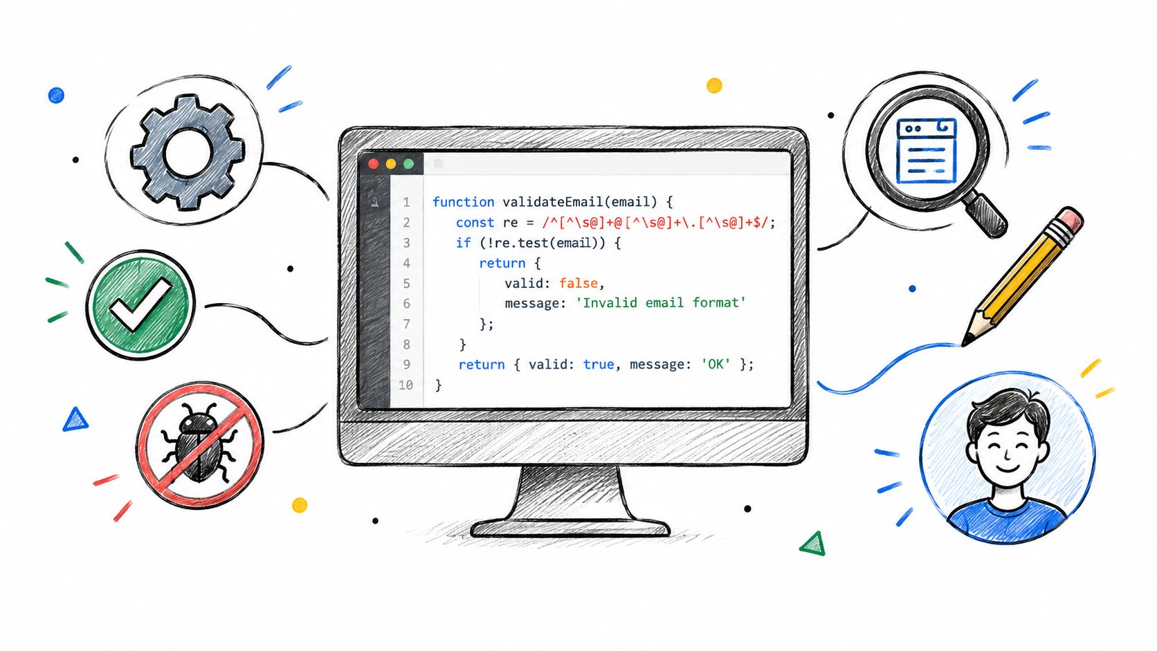 A hand-drawn illustration showing a computer monitor displaying code for email validation alongside icons of bugs and developers.