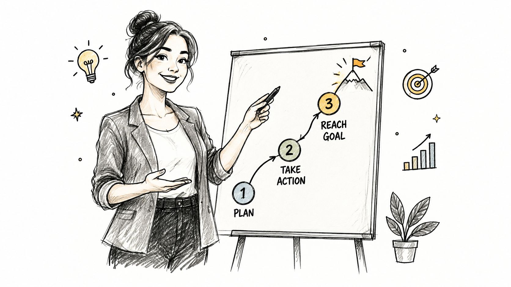 A professional woman presenting a three-step business strategy plan on a whiteboard to achieve a goal.