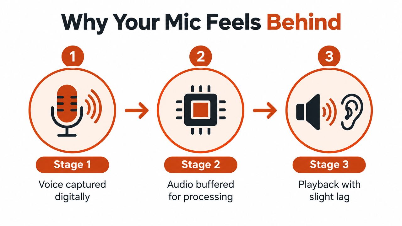 A diagram illustrating the three-stage process of microphone audio latency, from initial capture to digital processing and playback.