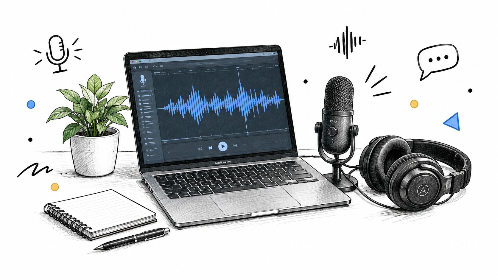 A digital illustration showing a professional podcast setup featuring a laptop with audio software, a microphone, and headphones.
