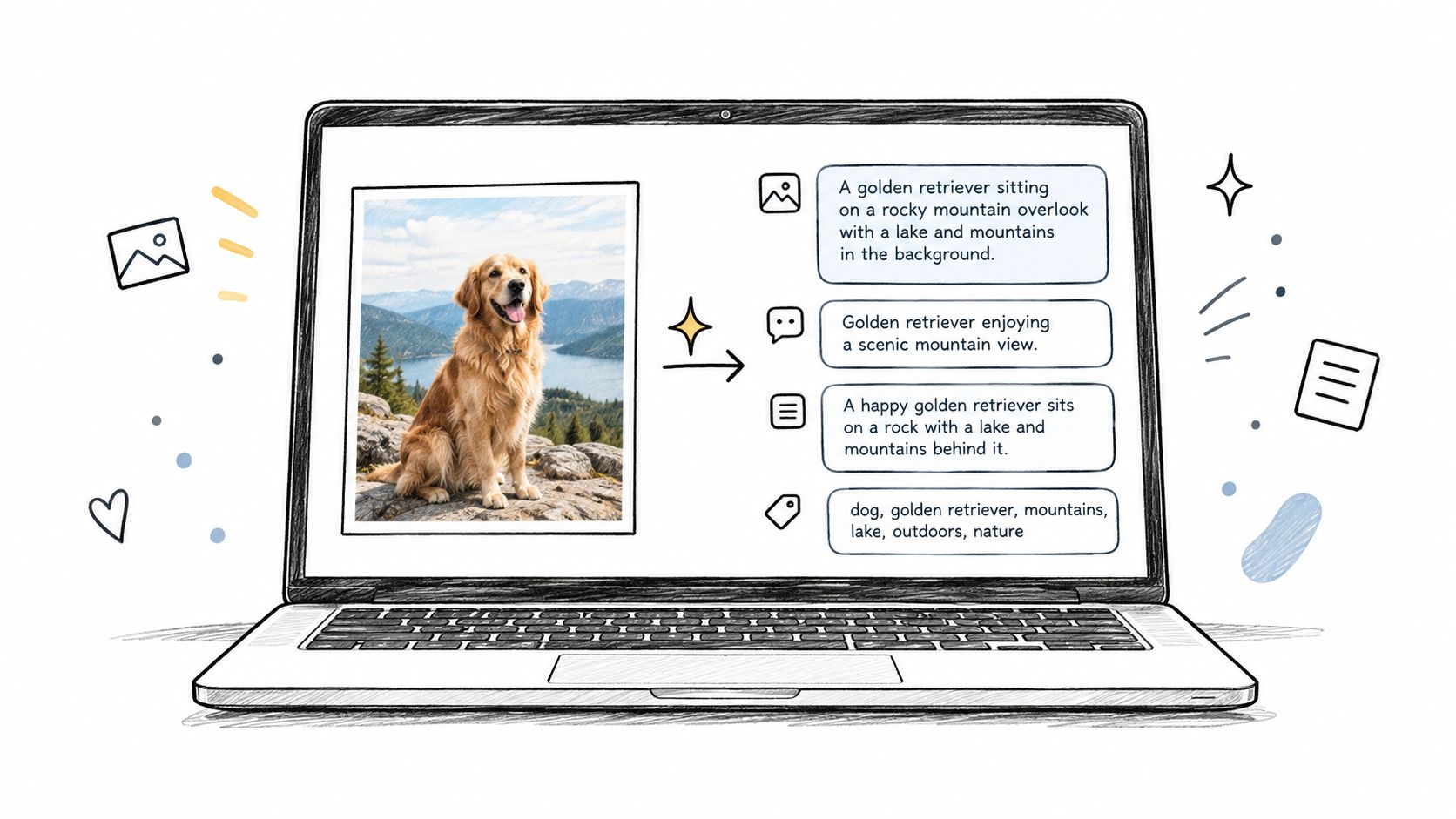 A laptop screen displaying an AI tool generating image descriptions and tags for a golden retriever photo.