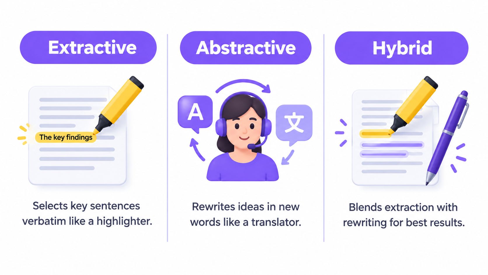 An infographic comparing extractive, abstractive, and hybrid text summarization methods with simple icons and descriptions.