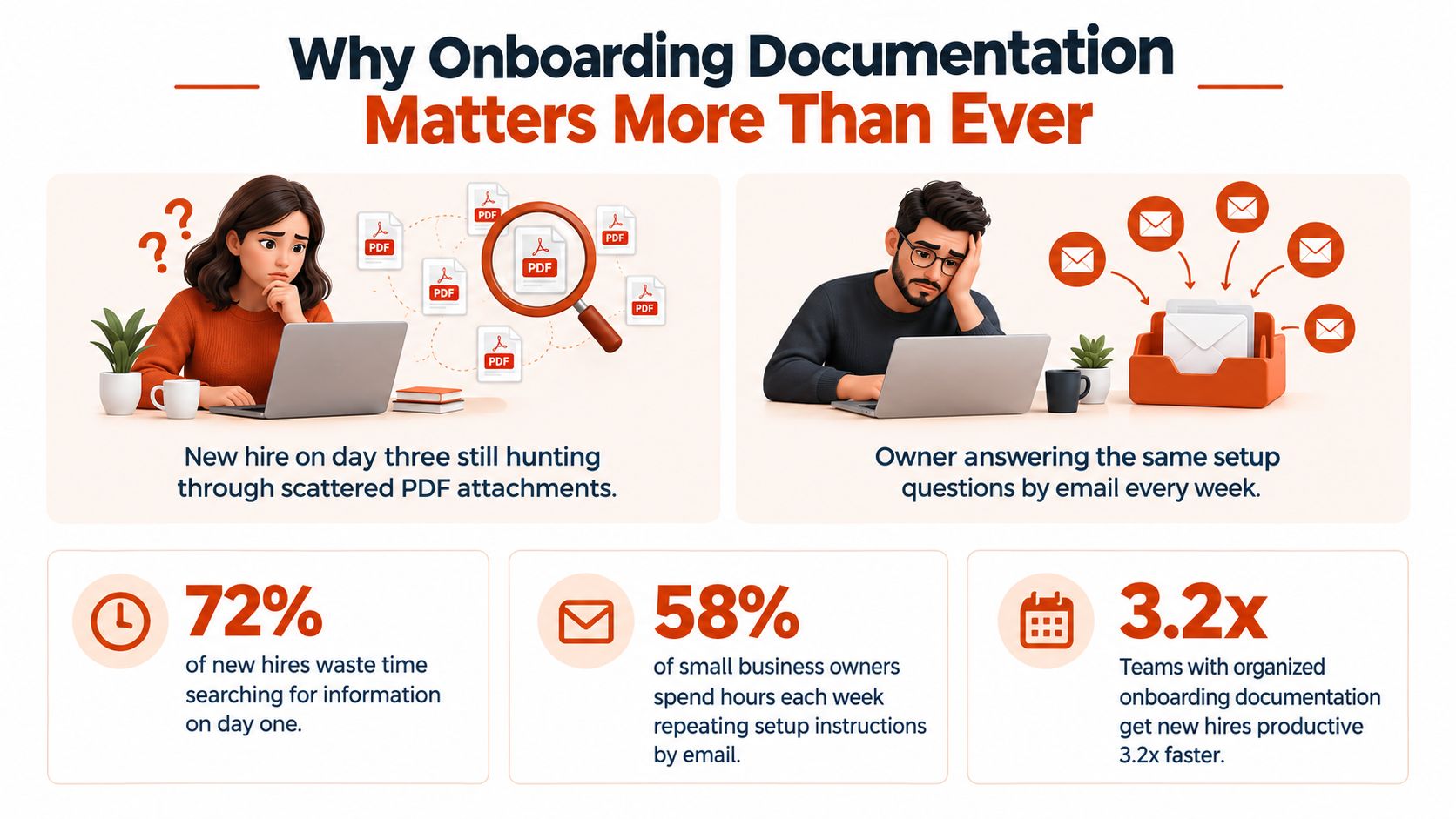 An infographic showing the inefficiencies of poor onboarding documentation compared to organized training processes for new hires.
