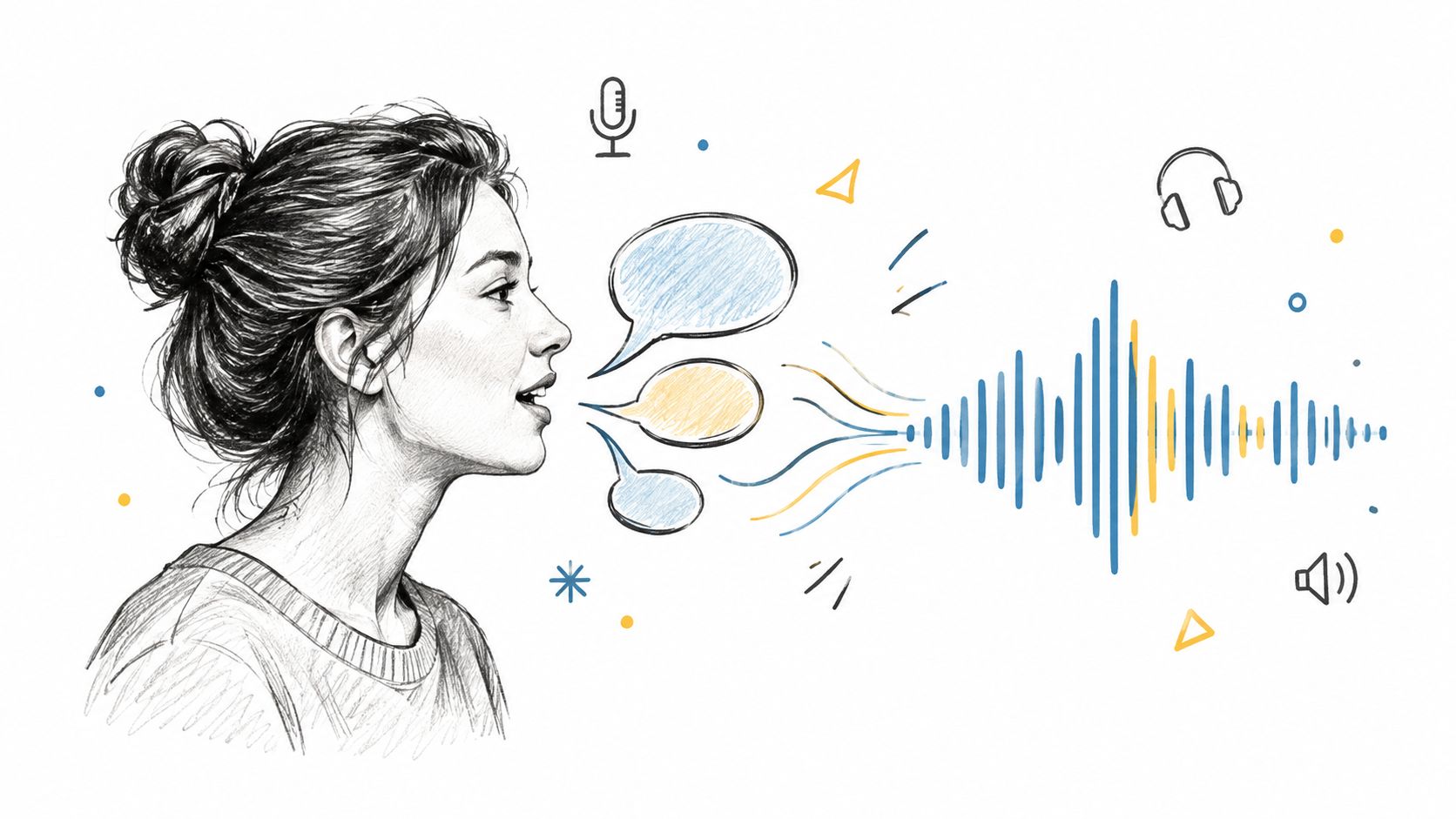 A charcoal-style drawing of a woman speaking with blue and yellow speech bubbles and audio waves.