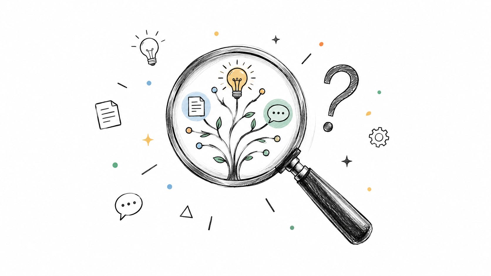 A magnifying glass focusing on a tree with a lightbulb top, surrounded by various office icons.